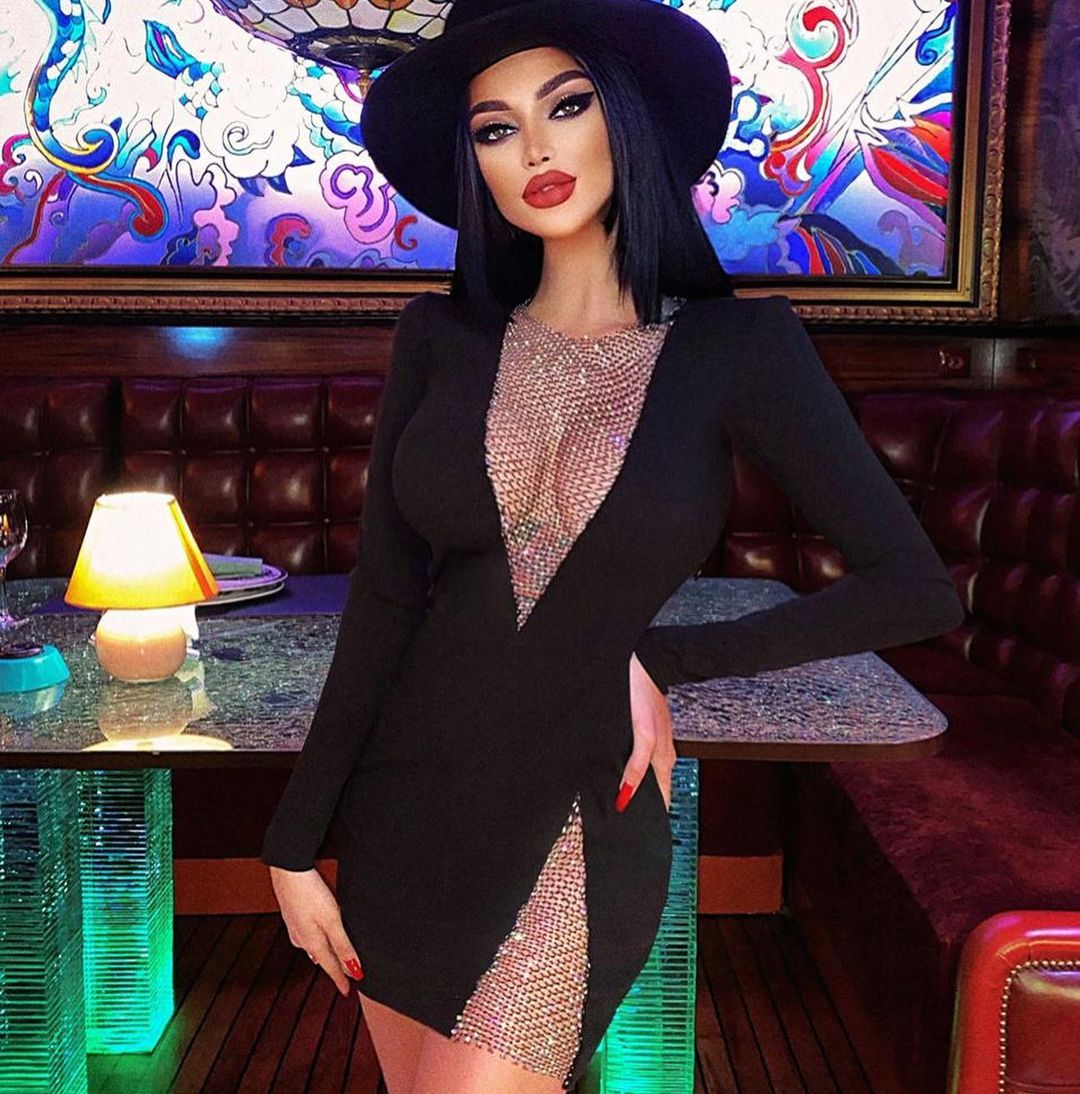 H.Q. Fishnet Rhinestone Long Sleeve Mini Bandage Dress