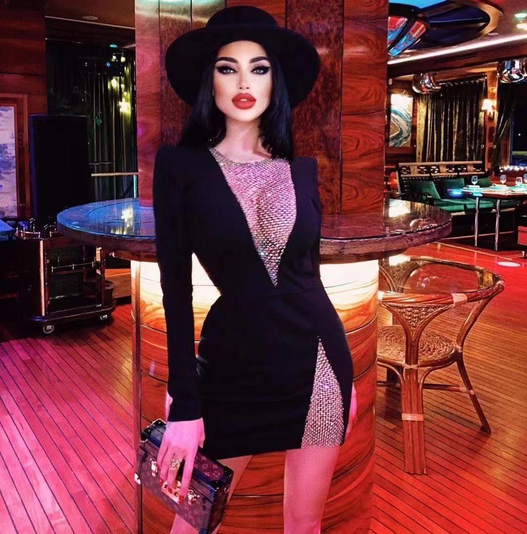 H.Q. Fishnet Rhinestone Long Sleeve Mini Bandage Dress