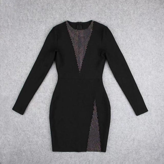 H.Q. Fishnet Rhinestone Long Sleeve Mini Bandage Dress