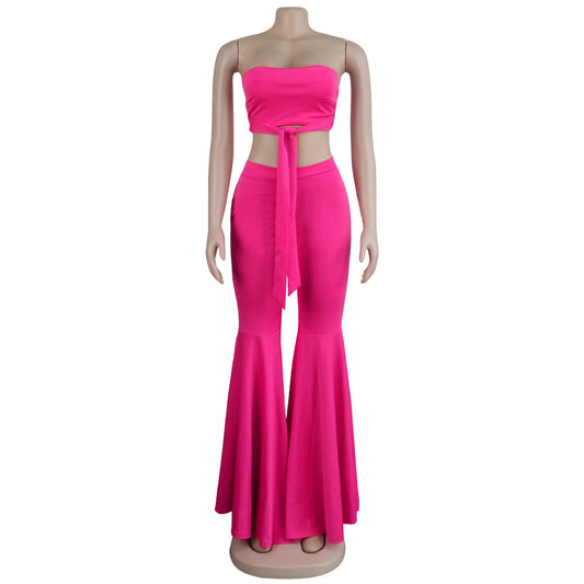 Two Piece Halter Crop Top And Flare Pant Set