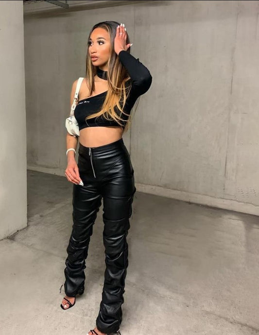 Boss Babe Faux PU Leather High Waist Black Stacked Pants