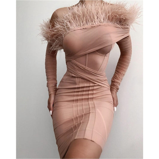 Sinnia Feather Long Sleeve Bodycon Bandage Dress