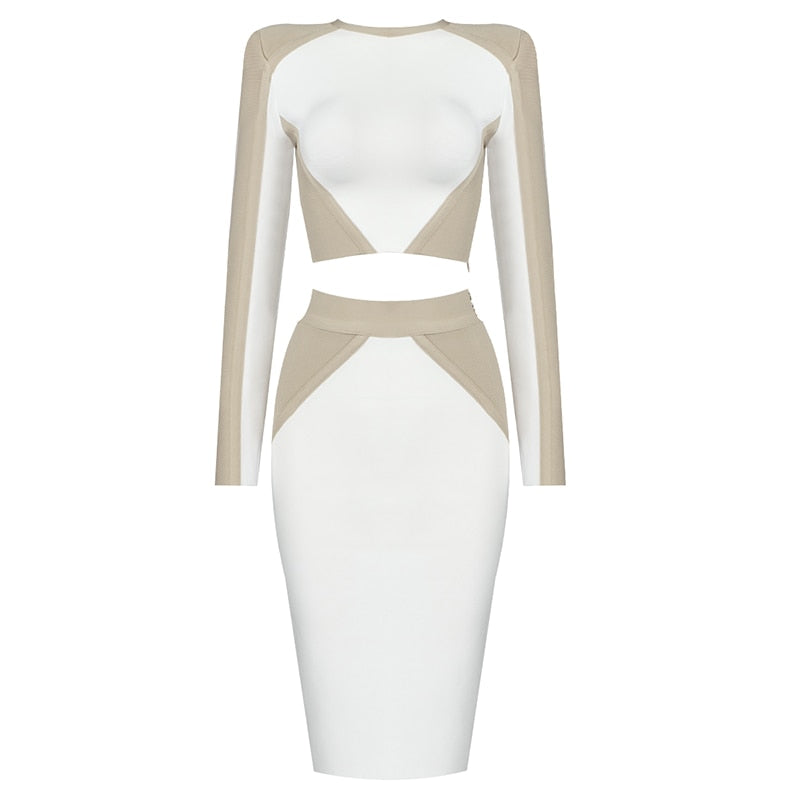 Rosa Khaki White Bodycon Rayon Bandage Two Piece Set