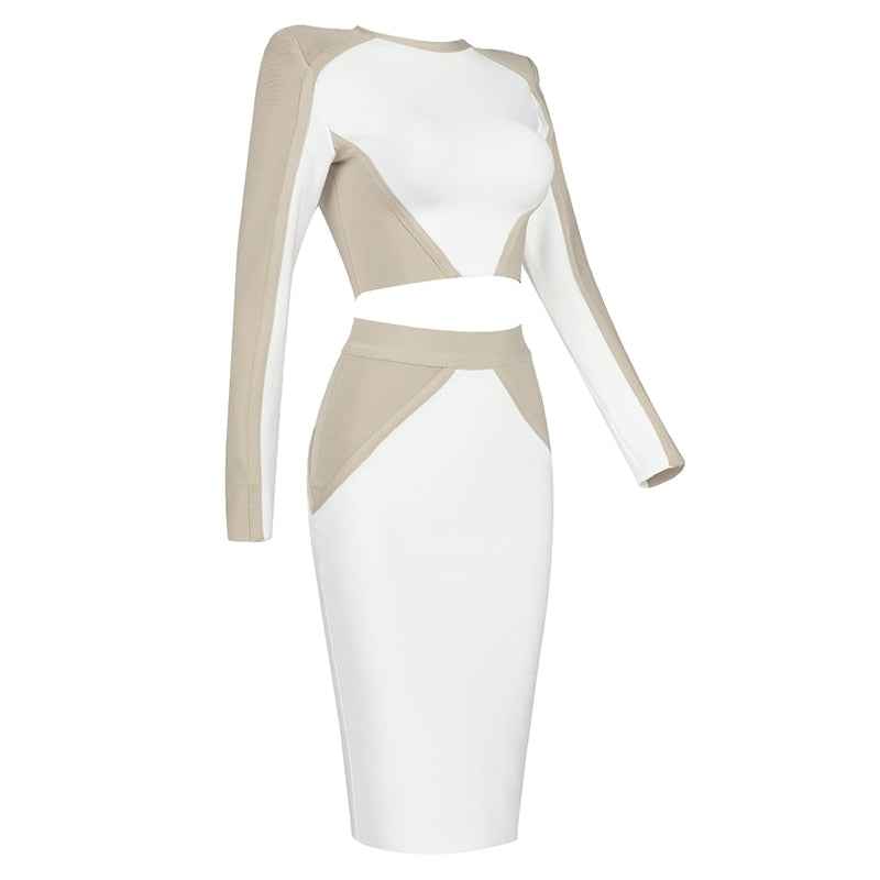 Rosa Khaki White Bodycon Rayon Bandage Two Piece Set