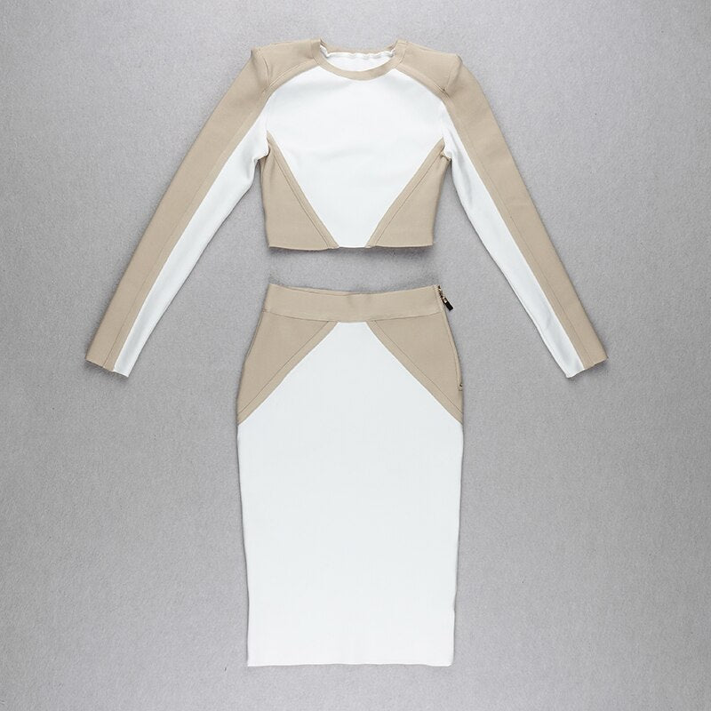 Rosa Khaki White Bodycon Rayon Bandage Two Piece Set