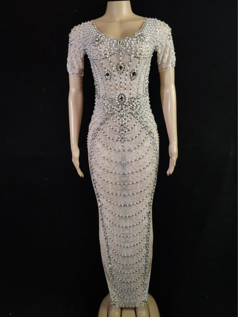 Silver Rhinestones Pearls Mesh Dress