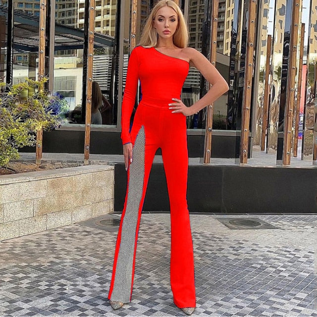 Alie One-shoulder Long Sleeve Bandage Jumpsuit