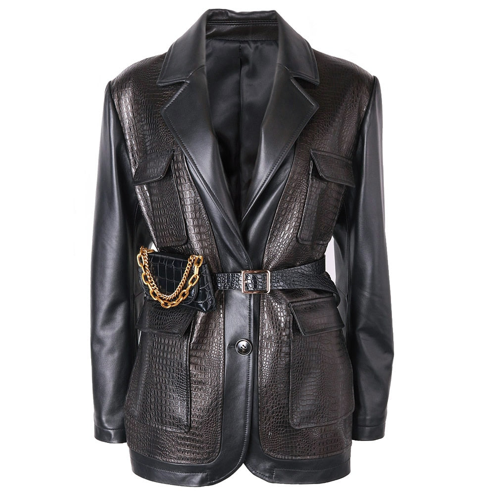 Madonna Crocodile Pattern Leather Jacket With Belt