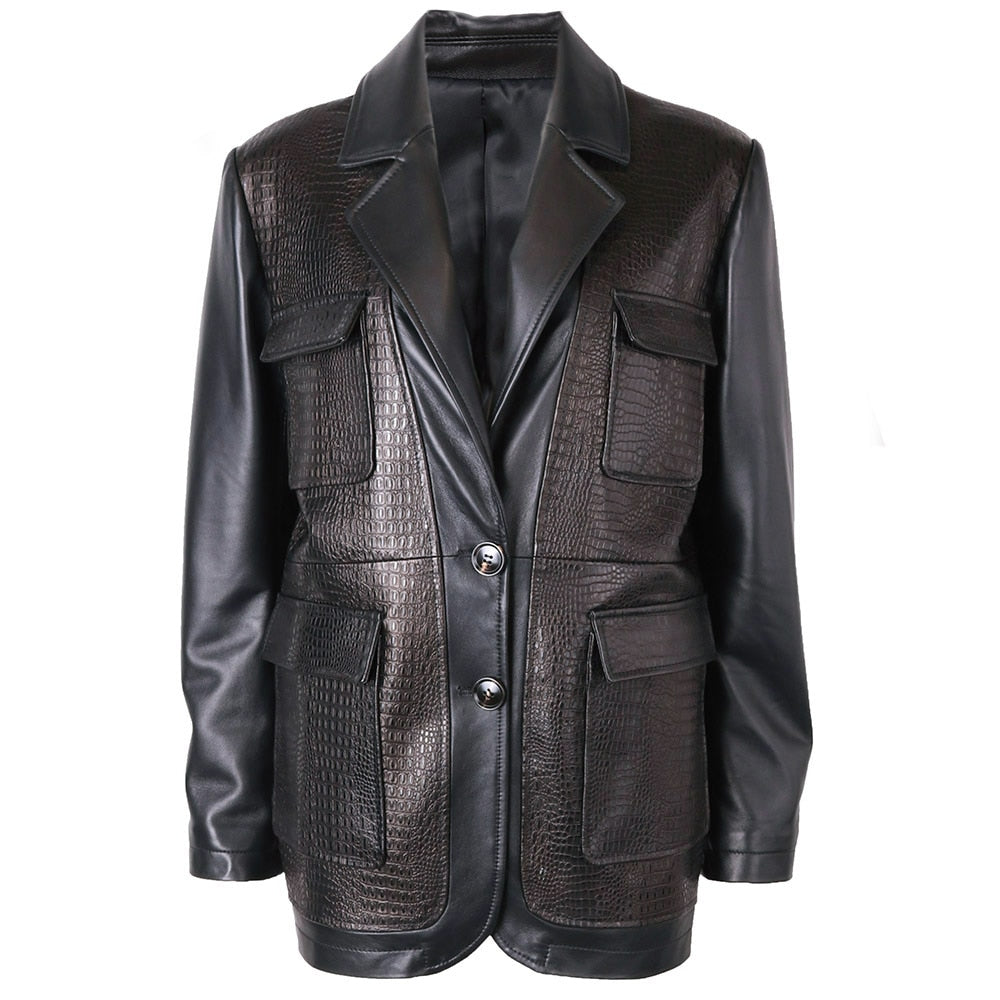 Madonna Crocodile Pattern Leather Jacket With Belt