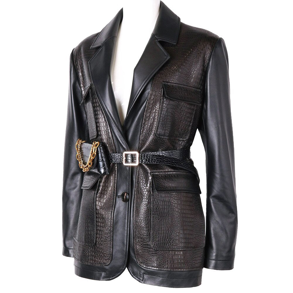 Madonna Crocodile Pattern Leather Jacket With Belt